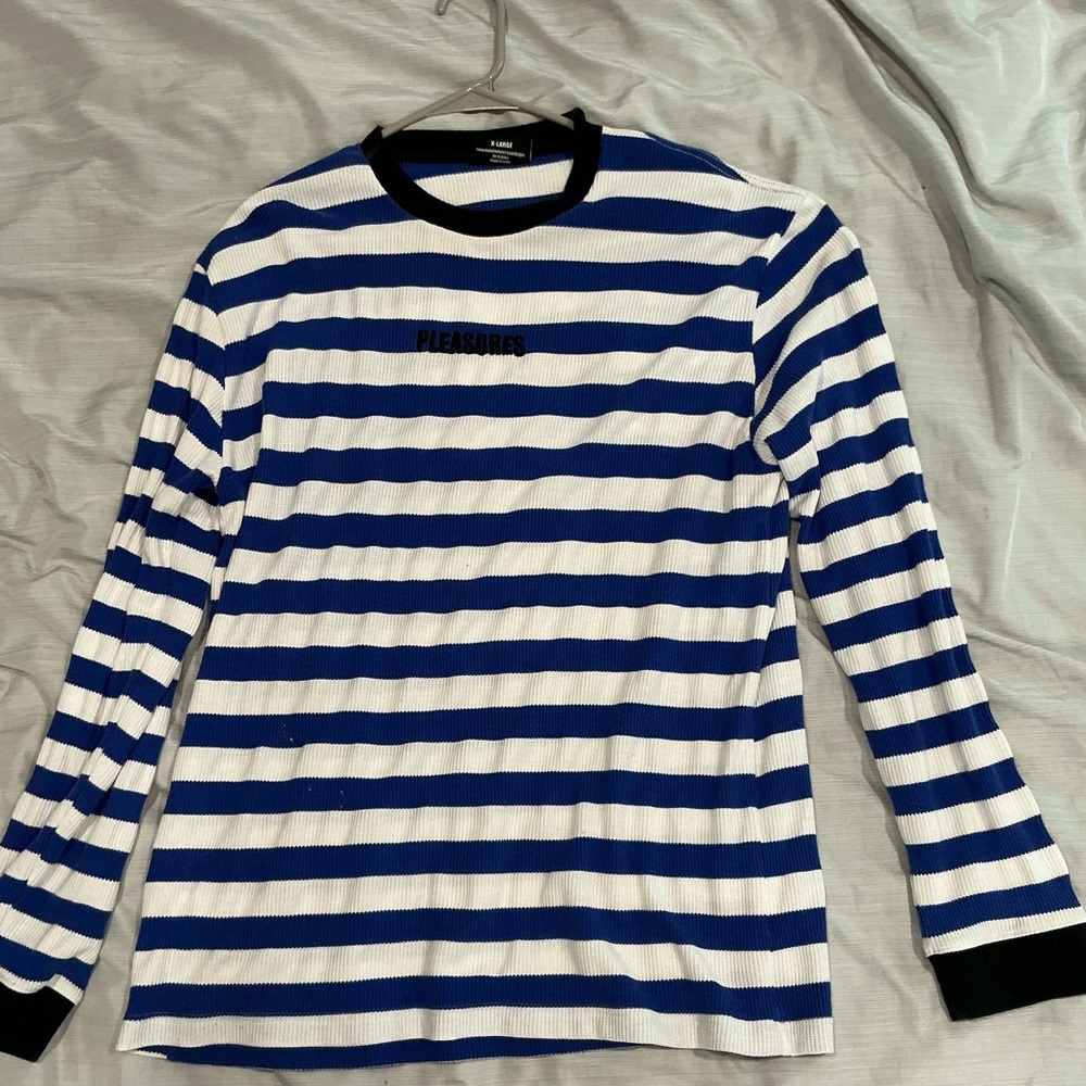 Pleasures Blue and White Striped Long Sleeve Shirt